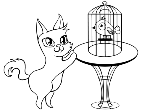 Cat And Bird In Cage Coloring Page